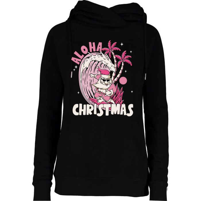 Aloha Christmas Retro Pink Santa Surfing Mele Kalikimaka Womens Funnel Neck Pullover Hood