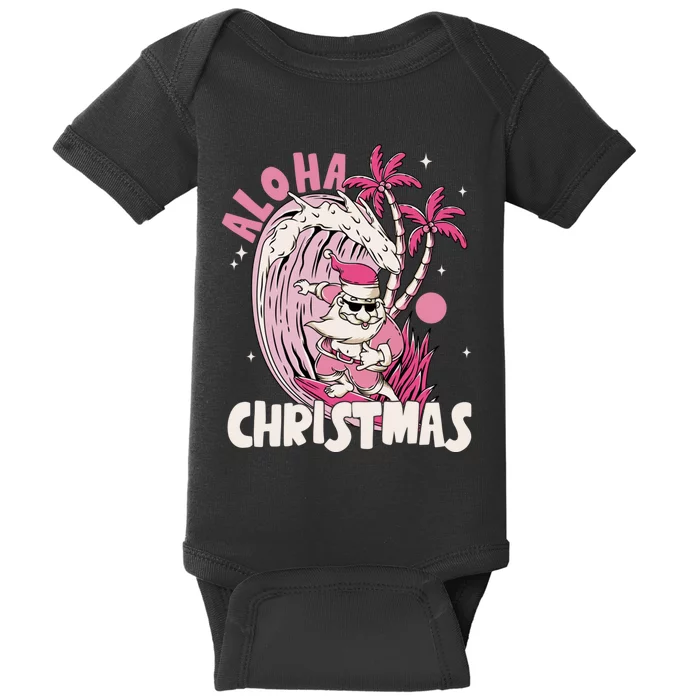 Aloha Christmas Retro Pink Santa Surfing Mele Kalikimaka Baby Bodysuit