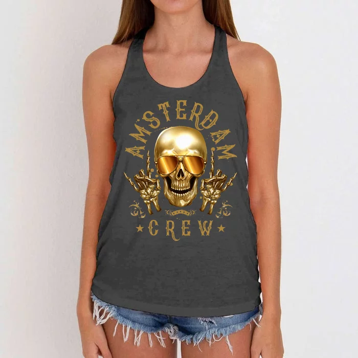 Amsterdam Crew Skull Funny Party Vacation Women's Knotted Racerback Tank