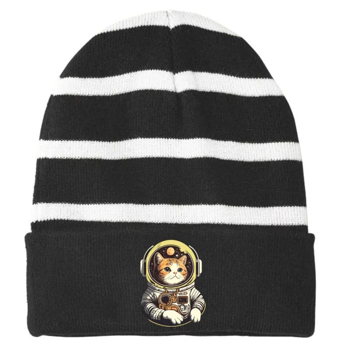 Astronaut Cat Space Helmet Striped Beanie with Solid Band