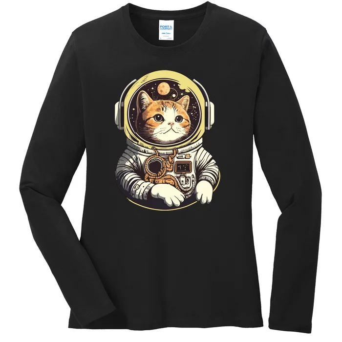 Astronaut Cat Space Helmet Ladies Long Sleeve Shirt