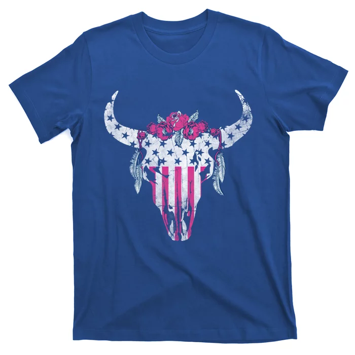 American Cow Skull Roses And Stars Gift T-Shirt