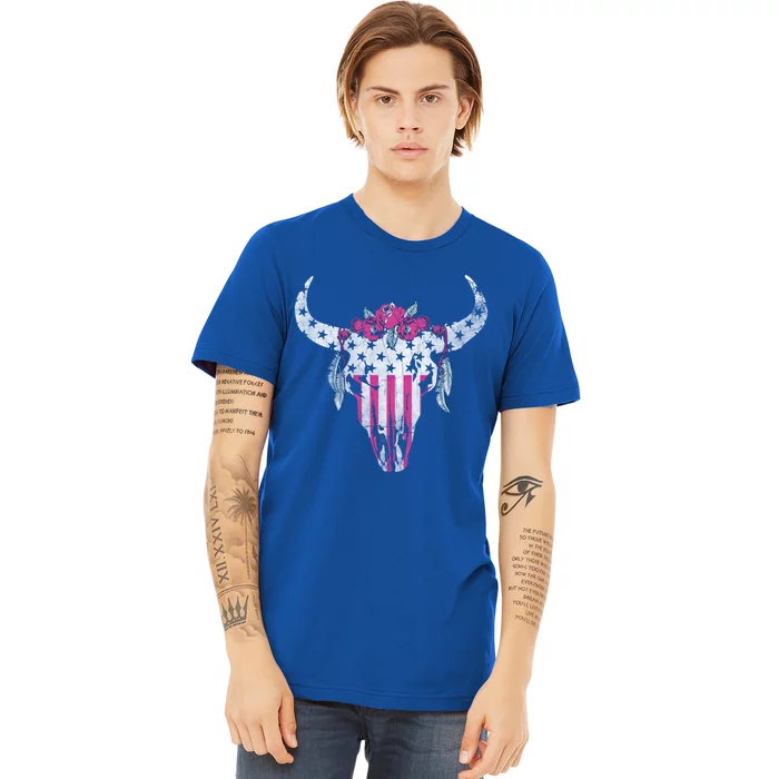 American Cow Skull Roses And Stars Gift Premium T-Shirt