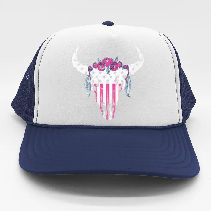 American Cow Skull Roses And Stars Gift Trucker Hat