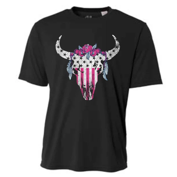 American Cow Skull Roses And Stars Gift Cooling Performance Crew T-Shirt