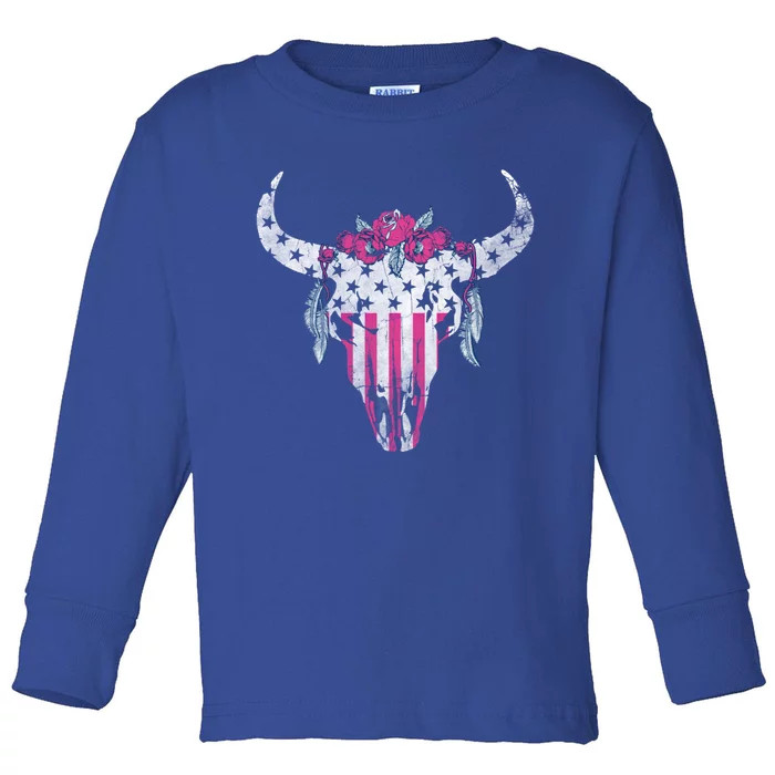 American Cow Skull Roses And Stars Gift Toddler Long Sleeve Shirt