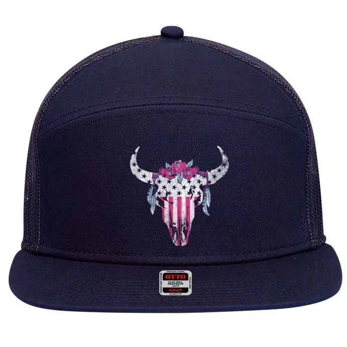 American Cow Skull Roses And Stars Gift 7 Panel Mesh Trucker Snapback Hat