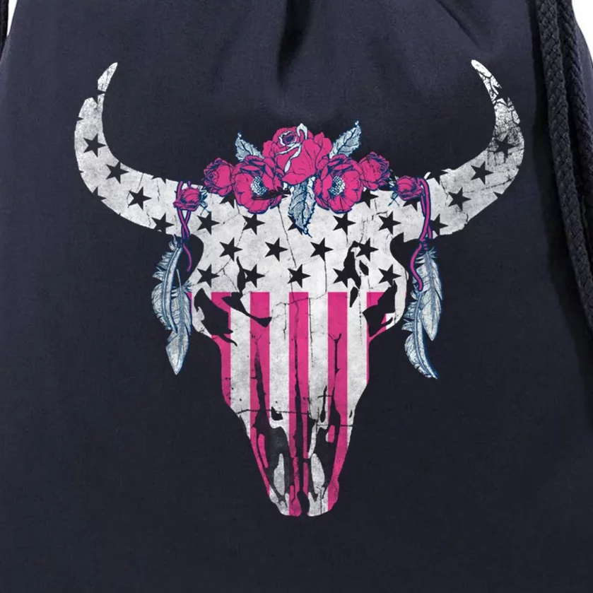 American Cow Skull Roses And Stars Gift Drawstring Bag