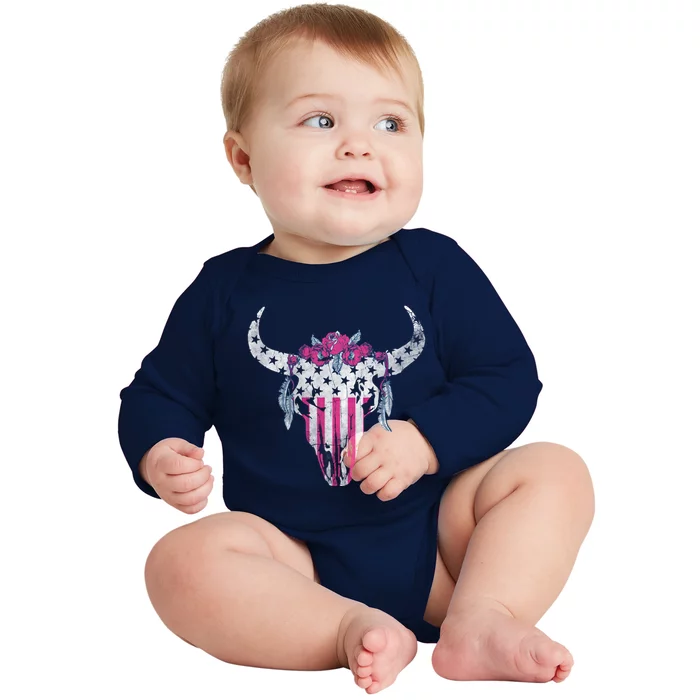 American Cow Skull Roses And Stars Gift Baby Long Sleeve Bodysuit