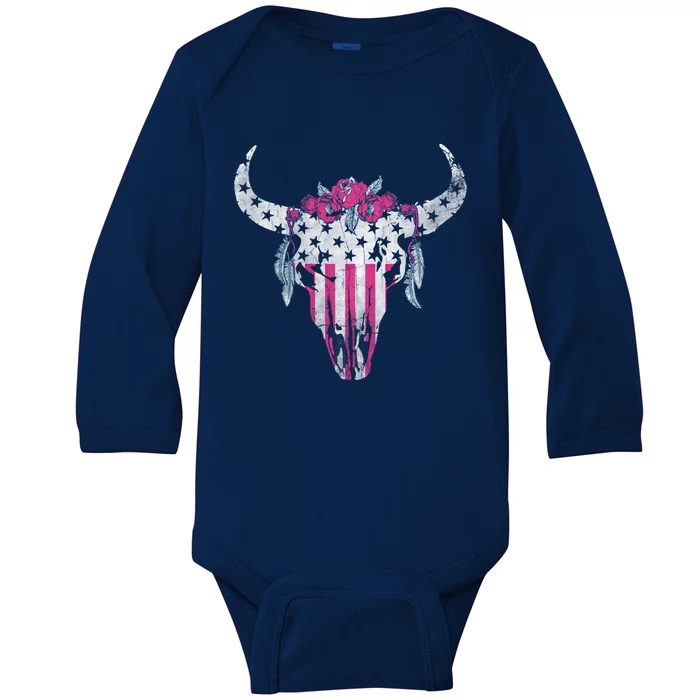 American Cow Skull Roses And Stars Gift Baby Long Sleeve Bodysuit