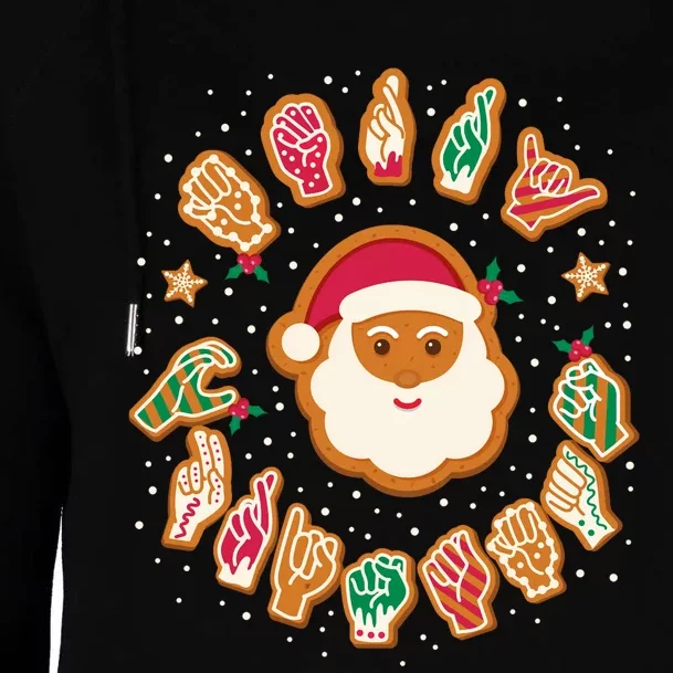 Asl Christmas Santa American Sign Language Gingerbread Hands Long Sleeve Womens Funnel Neck Pullover Hood