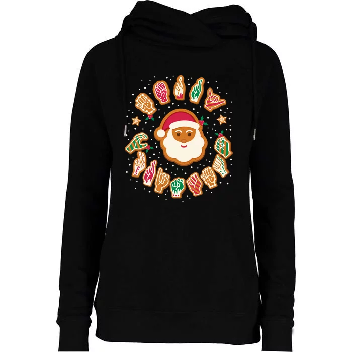 Asl Christmas Santa American Sign Language Gingerbread Hands Long Sleeve Womens Funnel Neck Pullover Hood