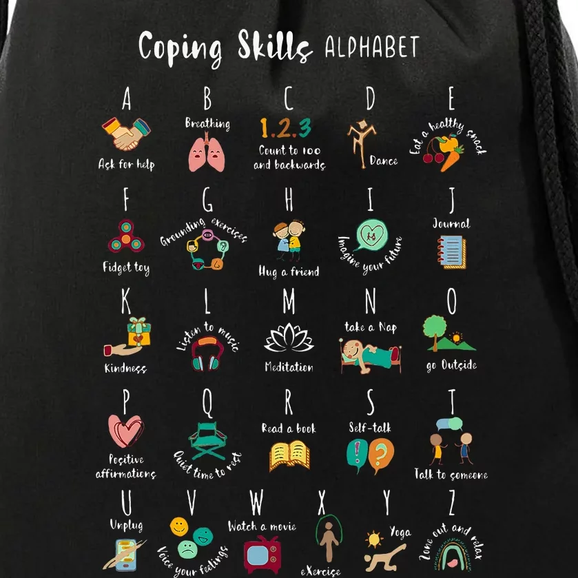 Abc Coping Skills Alphabet Self Care Mental Health Awareness Drawstring Bag