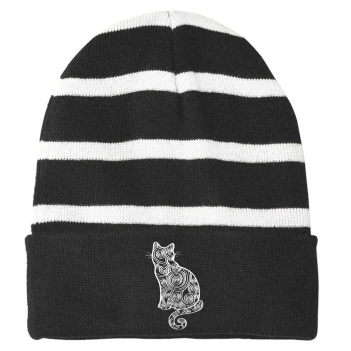 Abstract Cat Silhouette Striped Beanie with Solid Band