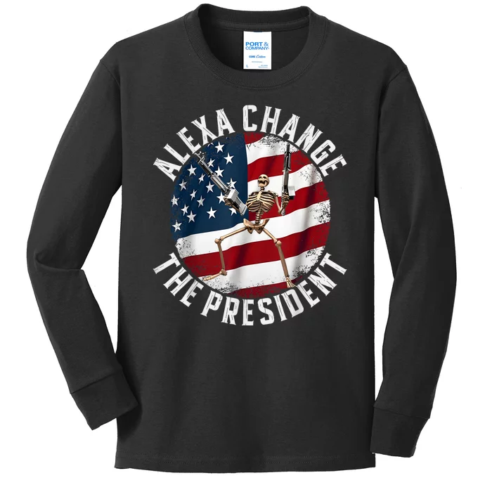 Alexa Change The President Funny 4th Of July American Flag Kids Long Sleeve Shirt