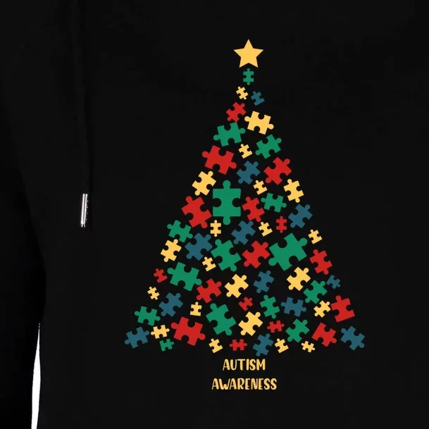 Autism Christmas Tree Puzzle Autism Awareness Day Womens Funnel Neck Pullover Hood