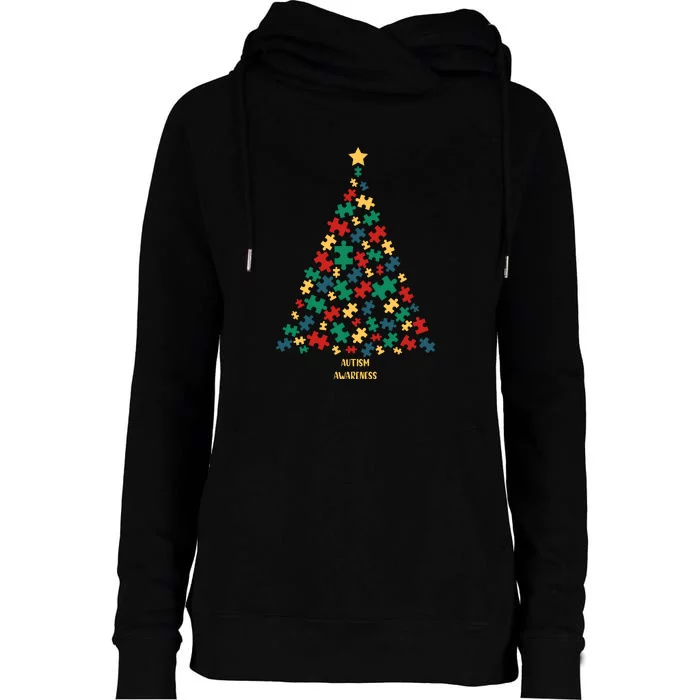 Autism Christmas Tree Puzzle Autism Awareness Day Womens Funnel Neck Pullover Hood