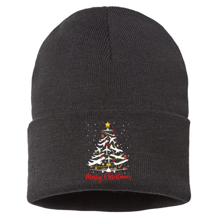 Airplane Christmas Tree Merry Christmas Most Likely Pilot Sustainable Knit Beanie