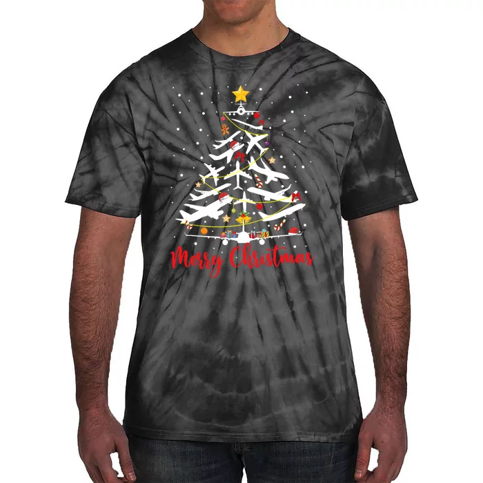 Airplane Christmas Tree Merry Christmas Most Likely Pilot Tie-Dye T-Shirt