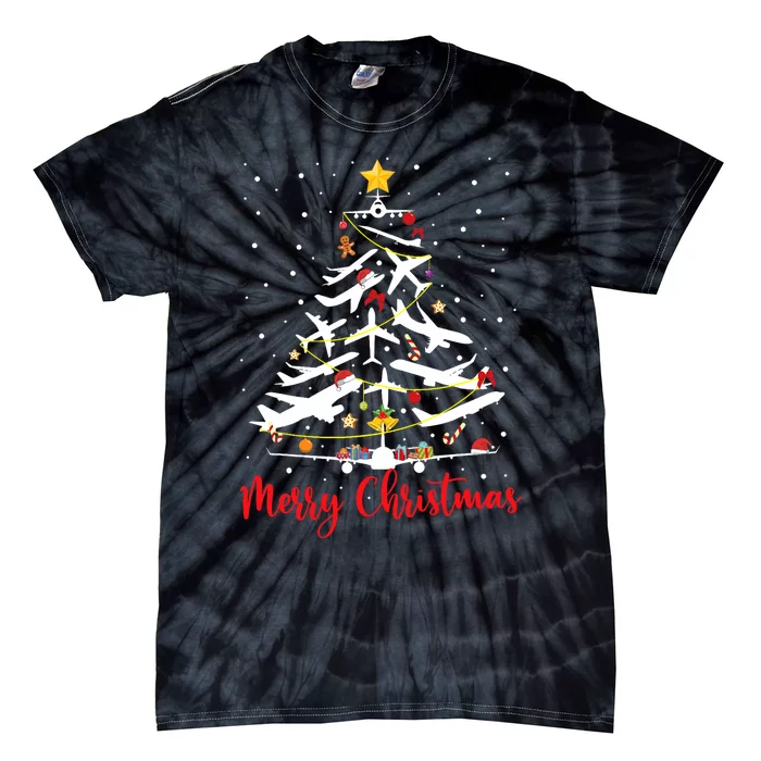 Airplane Christmas Tree Merry Christmas Most Likely Pilot Tie-Dye T-Shirt