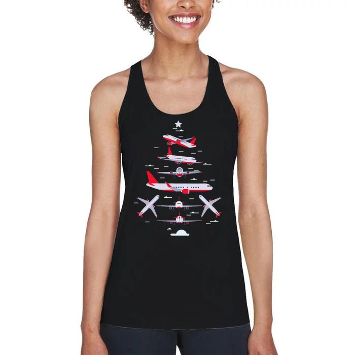 Airplane Christmas Tree Pilot Merry Christmas Xmas Tree Women's Racerback Tank