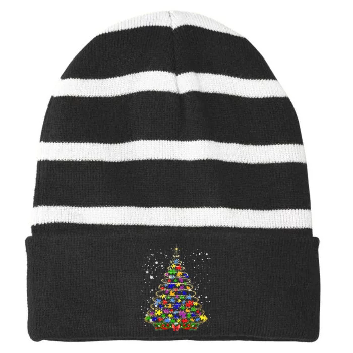 Autism Christmas Tree Lights Xmas Cute Xmas Autism Awareness Striped Beanie with Solid Band