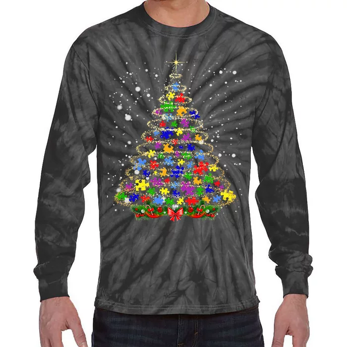 Autism Christmas Tree Lights Xmas Cute Xmas Autism Awareness Tie-Dye Long Sleeve Shirt