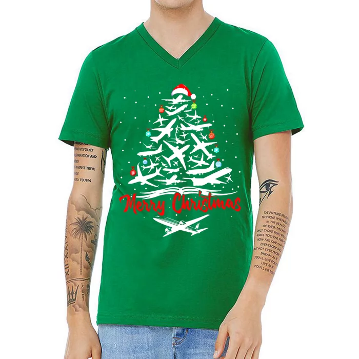 Airplane Christmas Tree V-Neck T-Shirt