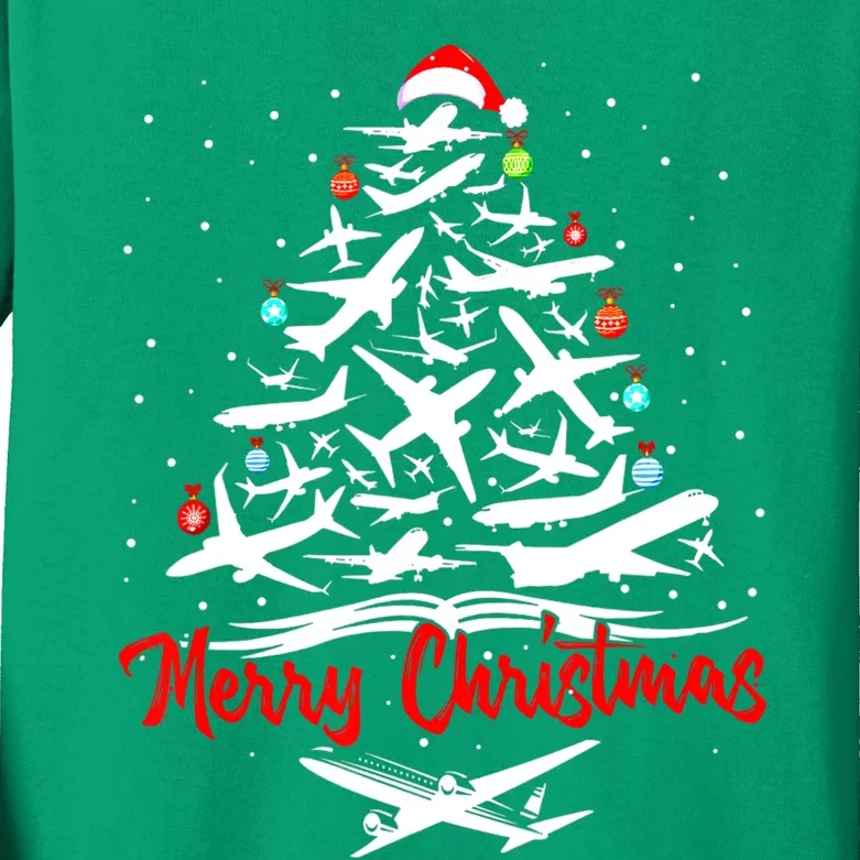 Airplane Christmas Tree Kids Long Sleeve Shirt