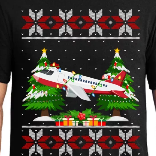 Airplane Christmas Tree Lights Ugly Sweater Santa Xmas Gift Pajama Set