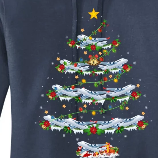 Airplane Christmas Tree Lights Santa Airplane Xmas Cool Gift Women's Pullover Hoodie