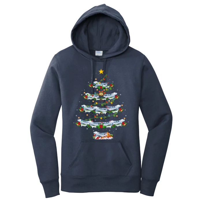 Airplane Christmas Tree Lights Santa Airplane Xmas Cool Gift Women's Pullover Hoodie