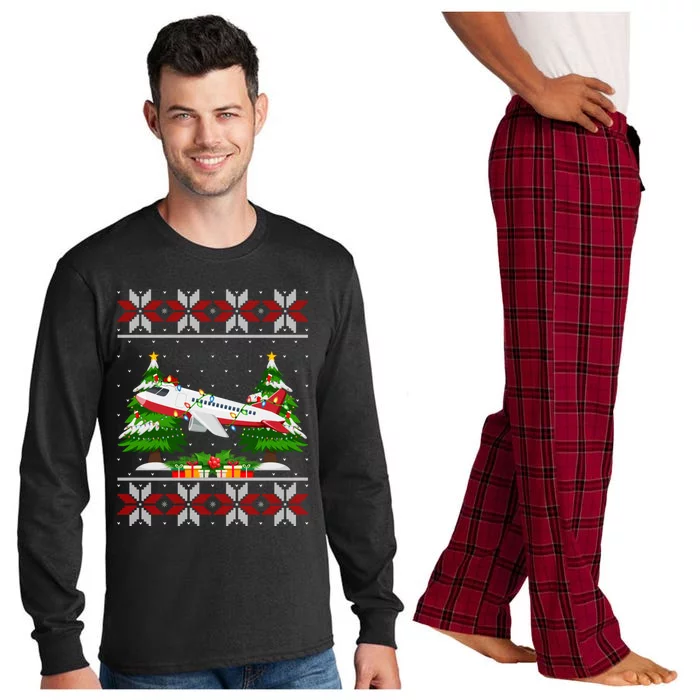 Airplane Christmas Tree Lights Ugly Sweater Santa Xmas Gift Long Sleeve Pajama Set