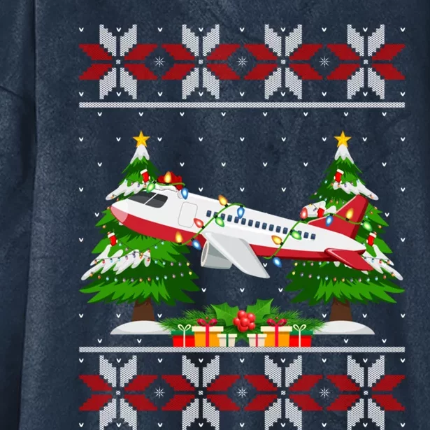 Airplane Christmas Tree Lights Ugly Sweater Santa Xmas Gift Hooded Wearable Blanket