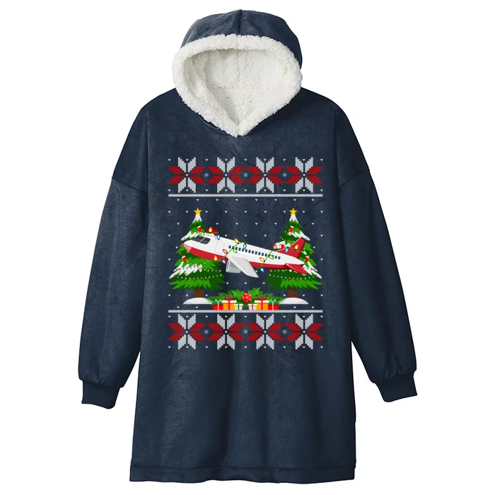 Airplane Christmas Tree Lights Ugly Sweater Santa Xmas Gift Hooded Wearable Blanket