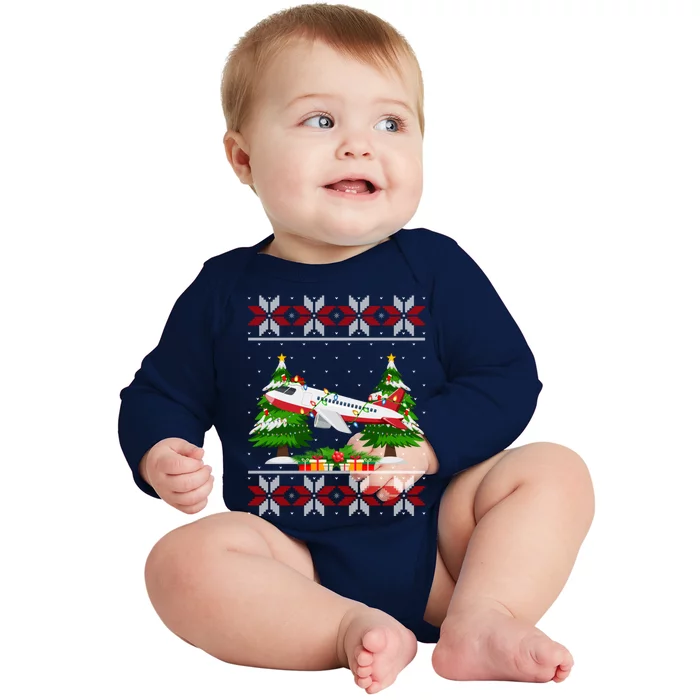 Airplane Christmas Tree Lights Ugly Sweater Santa Xmas Gift Baby Long Sleeve Bodysuit