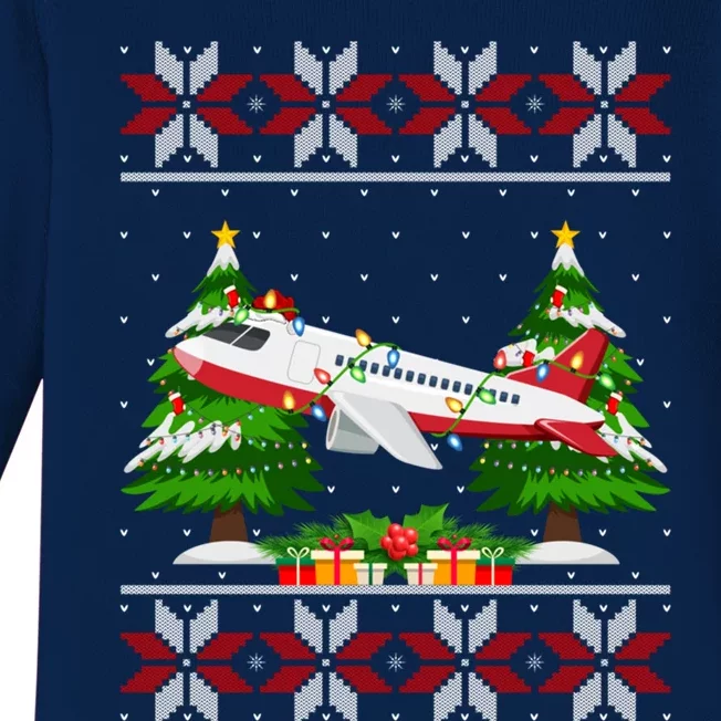 Airplane Christmas Tree Lights Ugly Sweater Santa Xmas Gift Baby Long Sleeve Bodysuit