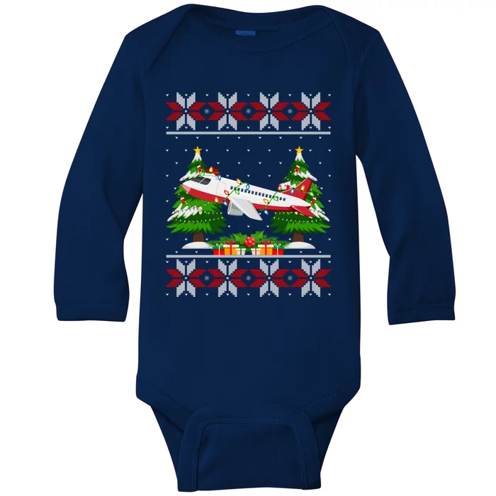 Airplane Christmas Tree Lights Ugly Sweater Santa Xmas Gift Baby Long Sleeve Bodysuit