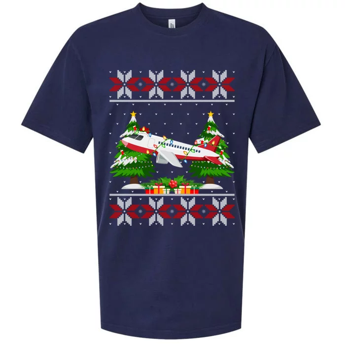 Airplane Christmas Tree Lights Ugly Sweater Santa Xmas Gift Sueded Cloud Jersey T-Shirt