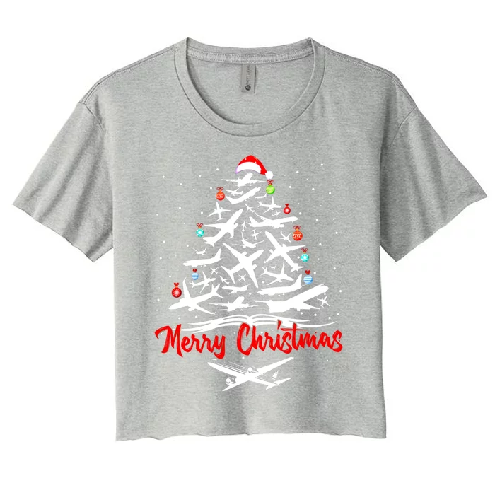 Airplane Christmas Tree Great Funny Gift Women's Crop Top Tee