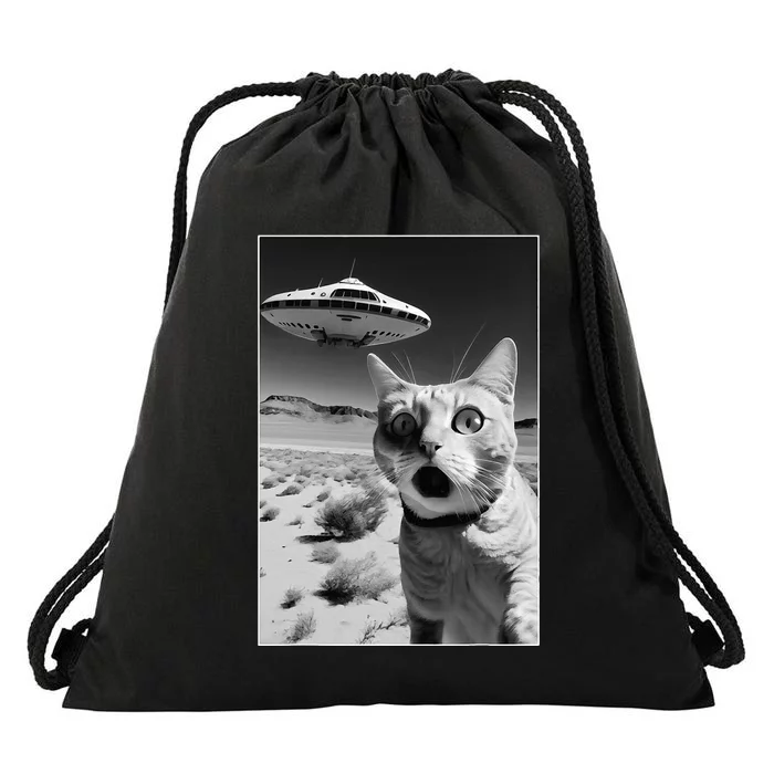 A cat taking a selfie with a ufo spaceship funny pun meme Drawstring Bag