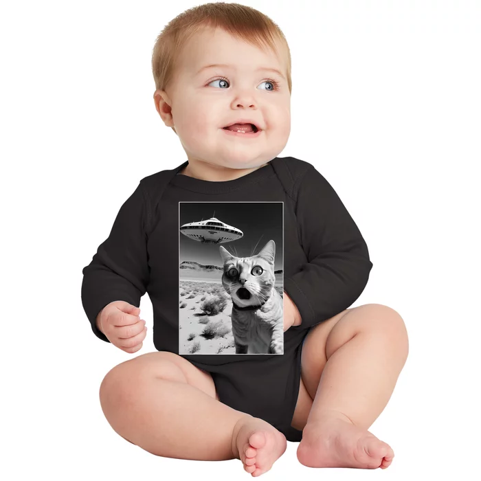 A cat taking a selfie with a ufo spaceship funny pun meme Baby Long Sleeve Bodysuit