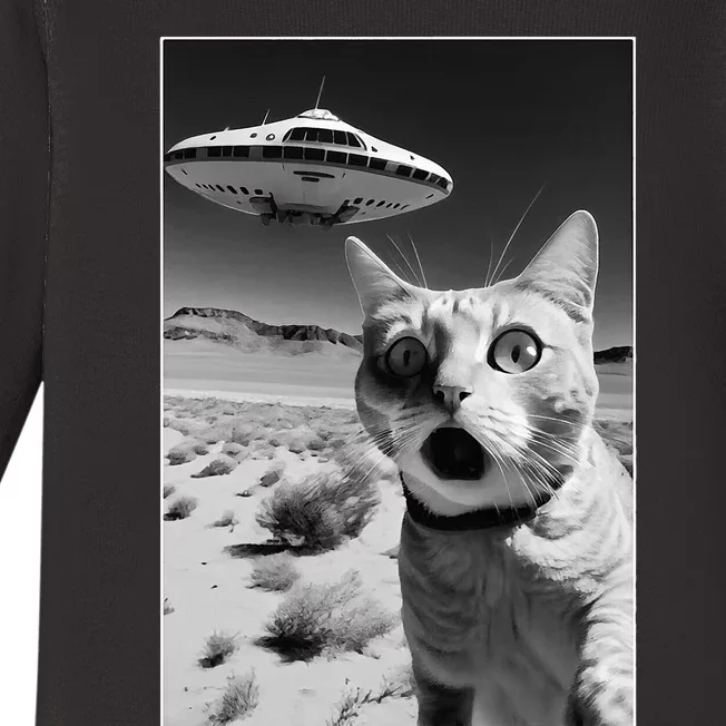 A cat taking a selfie with a ufo spaceship funny pun meme Baby Long Sleeve Bodysuit