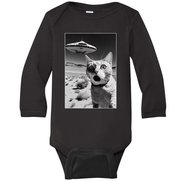 A cat taking a selfie with a ufo spaceship funny pun meme Baby Long Sleeve Bodysuit