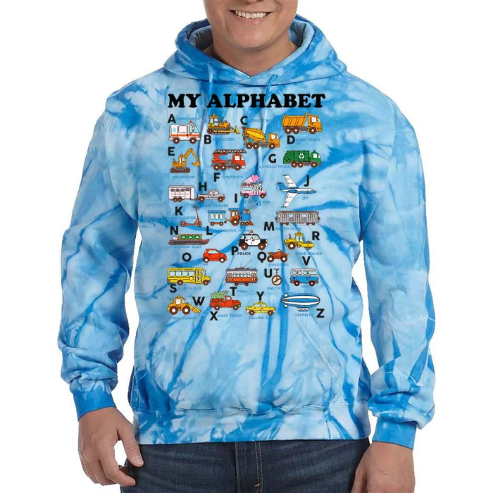 Alphabet Construction Vehicles Abc Learning Teaching Tie Dye Hoodie