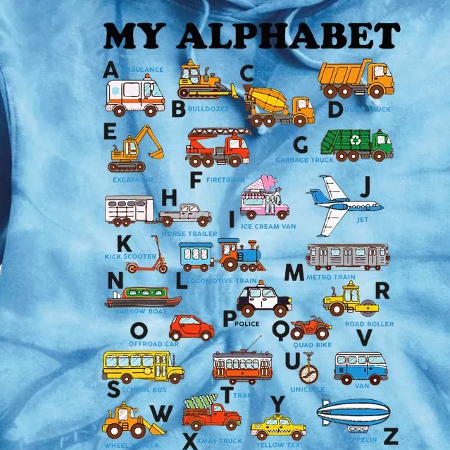 Alphabet Construction Vehicles Abc Learning Teaching Tie Dye Hoodie