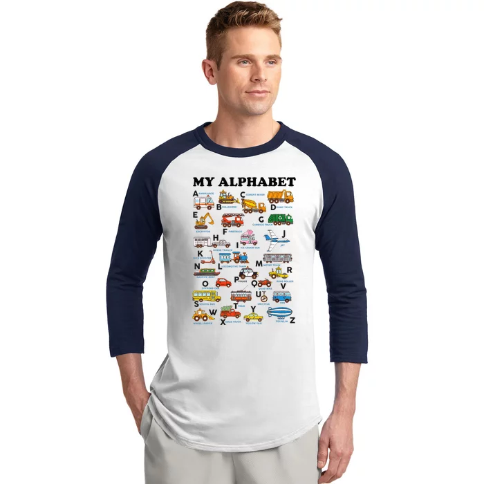 Alphabet Construction Vehicles Abc Learning Teaching Baseball Sleeve Shirt