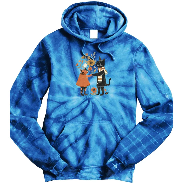 Autumn Cats With Flowers Whimsical Fall Design Gift Tie Dye Hoodie