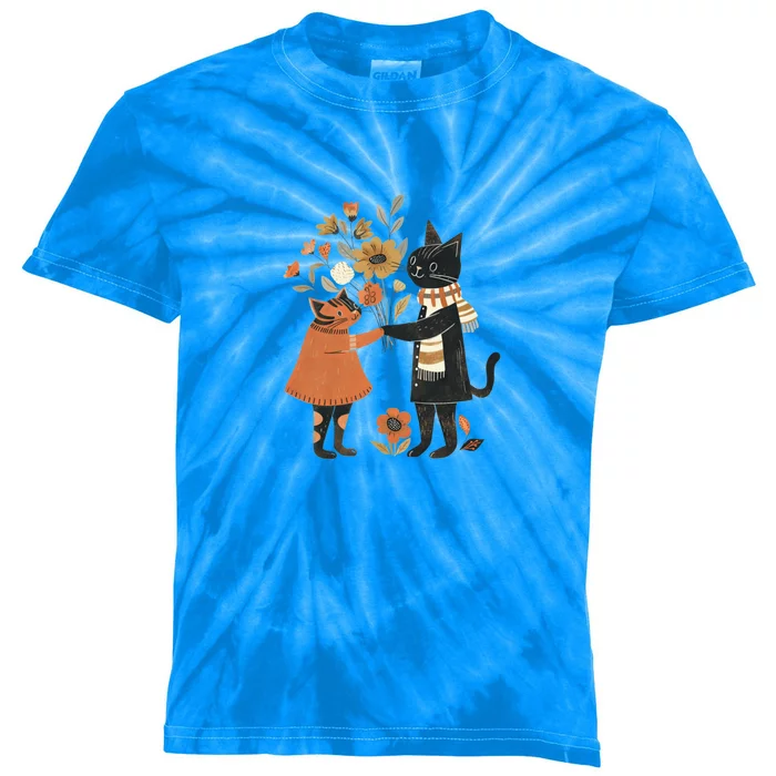 Autumn Cats With Flowers Whimsical Fall Design Gift Kids Tie-Dye T-Shirt