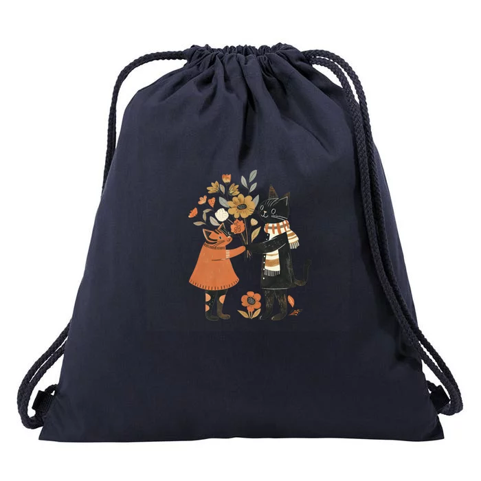 Autumn Cats With Flowers Whimsical Fall Design Gift Drawstring Bag